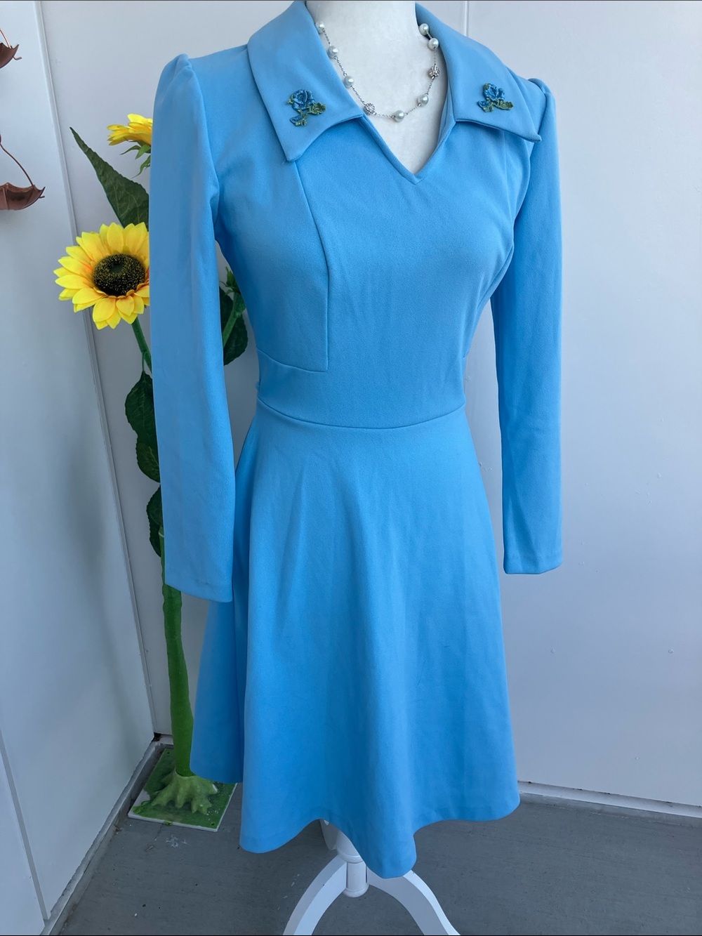 Vintage 60s 70s Monochrome Sky Blue Long Sleeve Dagger Collar Fit & Flare Dress